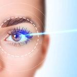 Beautiful female eye with blue laser ray. Vision correction surgery on female eye.