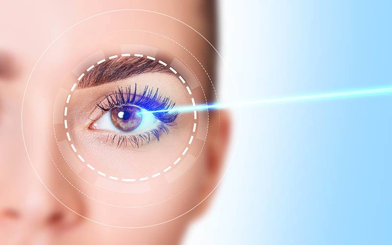 Beautiful female eye with blue laser ray. Vision correction surgery on female eye.