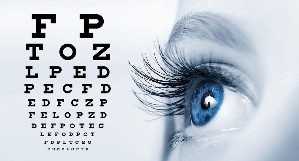 woman's blue long-lashed eye next to letters arranged as on an eye chart