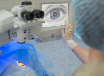 gloved hand hovering over Lasik display filled with image of patient's eye