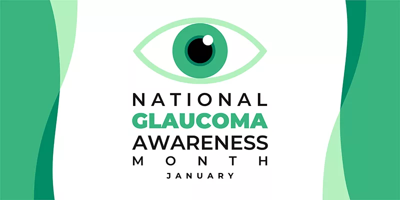 "National Glaucoma Awareness Month January" overlaying a vector image of an eye