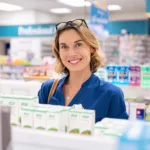 Portrait of smiling woman choosing dietary supplement at pharmacy in shopping mall. Happy mature woman customer buying lotion in skincare section of chemist’s. Woman checking medicine and drugs in shelf at drugstore while looking at camera.