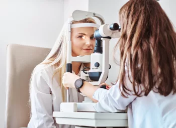 Woman seeing an optometrist for an eye exam