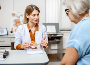 A female ophthalmologist consults with a patient about cataract surgery.